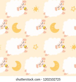 Seamless pattern with cute sleeping sheep, stars and moon. Creative Dreaming childish texture. Perfect for fabric, textile. Vector illustration