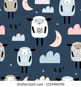 Seamless pattern with cute sleeping sheep, moon, clouds. Creative good night background. Perfect for kids apparel,fabric, textile, nursery decoration,wrapping paper.Vector Illustration