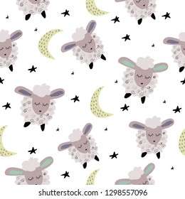 Seamless pattern with cute sleeping sheep, moon, stars in scandinavian style. Perfect for kids apparel, nursery decoration,wrapping. Vector Illustration.