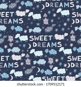 Seamless pattern with cute sleeping sheep. Design for children's clothing, fabric, textiles, children's room decoration, wrapping paper. Vector illustration
