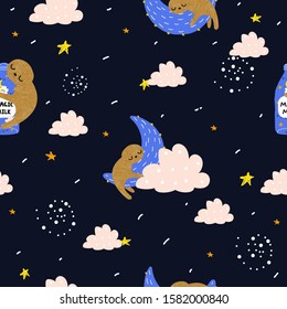 Seamless pattern with cute sleeping sloth. Sweet dreams childish print. Vector hand drawn illustration.