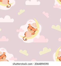 Seamless pattern with cute sleeping tiger. An animal girl in a nightcap and a blanket sleeps on the moon on a pink background with clouds. Vector. Kids collection For textiles, decor, nursery, print