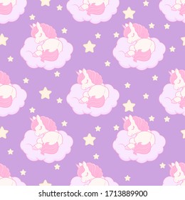 Seamless pattern with cute sleeping unicorn on the cloud. Vector illustration