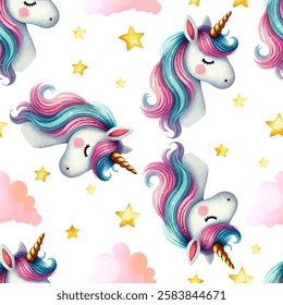 Seamless pattern with cute sleeping unicorns, pastel rainbow manes and golden horns. Surrounded by yellow stars and pink clouds for wrapping paper, wallpaper, stickers, notebook cover