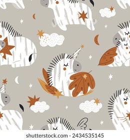 Seamless pattern with cute, sleeping zebra, clouds, stars, moon. Vector pattern of Dreamy safari animals. Great for children's textiles, fabrics.