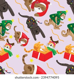 Seamless pattern Cute sleepy cats wearing Christmas outfits. Christmas greeting card. vector illustration. christmas background.