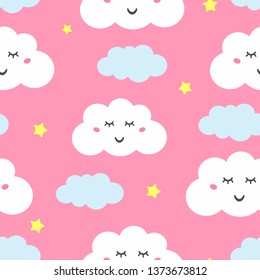 Seamless pattern with cute sleepy clouds and stars. Pajama print. Vector illustration.