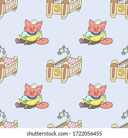 Seamless pattern cute sleepy fluffy kitten in pajamas holds crescent moon. Cradle (crib) with rattle for kitty. World of baby sleep. Vector hand drawn illustration. Great design for kids room, fabric.