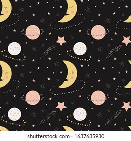 Seamless pattern of cute sleepy moons, planets, and stars on a dark grey background