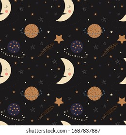Seamless pattern of cute sleepy moons, planets, and stars on a black background