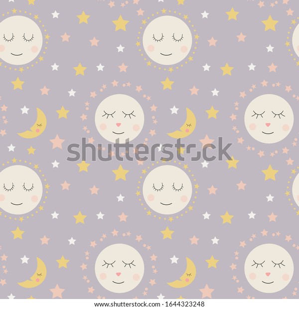 Seamless pattern of cute sleepy moons and\
stars on a lavender\
background