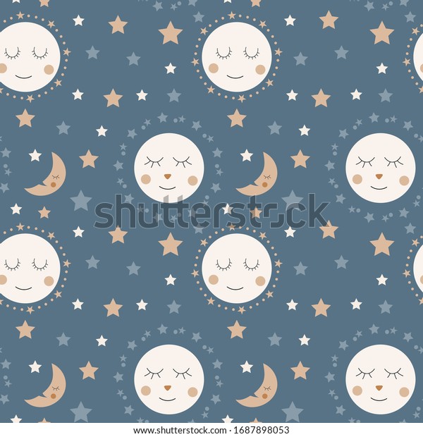 Seamless pattern of cute sleepy moons and\
stars on a dusty blue\
background