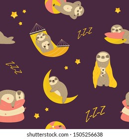 Seamless pattern with cute sleepy sloths, moon and stars. For greeting cards, textiles, wallpapers, wrapping paper