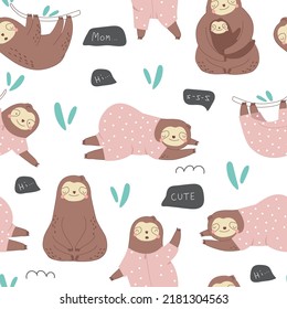 Seamless pattern with cute sloth animal on white background. Vector illustration for printing on fabric, wrapping paper, clothing. Cute baby background.