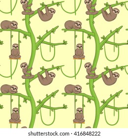 Seamless pattern with cute sloth animals hanging and resting on tropical trees. Endless nature cartoon background for gift wraps, fabric and design.