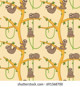 Seamless pattern with cute sloth animals hanging and resting on tropical trees. Endless nature cartoon background for gift wraps, fabric and design.