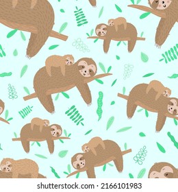 Seamless pattern of cute sloth with baby and leaves. Hand-drawn illustration for kids, tropical summer, textile, print, cover, wallpaper, fabric, mother's day, holiday, wrapping.Transparent background
