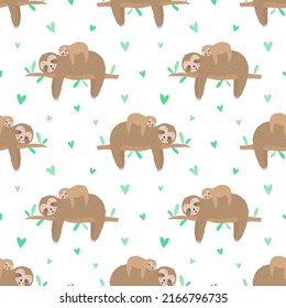Seamless pattern of cute sloth with baby and hearts. Hand-drawn illustration for kids, tropical summer, textile, print, cover, wallpaper, fabric, mother's day, holiday. Transparent background