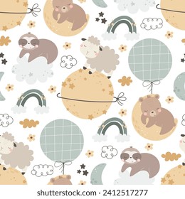 Seamless pattern with cute sloth, bear, sheep, decor elements. simple flat vector. Hand drawing for children. animal theme. baby design for fabric, textile, wrapper, print.