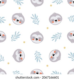 Seamless pattern with cute sloth, branches and bright spots. Vector children's illustration for designing clothes, applying to paper, for interior decoration