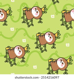 Seamless pattern cute sloth is climbing on the tree with vine background.Wild animal character cartoon design.Image for card,poster,baby clothing.Kawaii.Vector.Illustration.