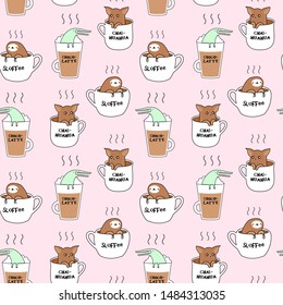 Seamless pattern  with a cute sloth, dog, crocodile.Coffee. Vector illustration. 