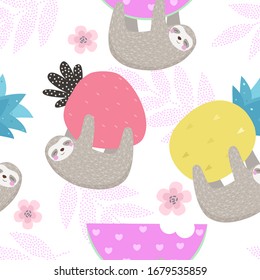 Seamless pattern with cute sloth and fruit. Cartoon print for baby. Vector with animal, fruit and tropical leafs.