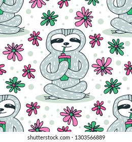 Seamless pattern with cute sloth. Hand drawn style. Design element for gift wrap, wallpaper and fabric.