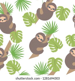 Seamless pattern with cute sloth. Hand-drawn. For printing on textiles, paper.