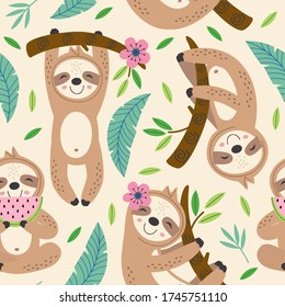 seamless pattern with cute sloth hanging on a branch
 -  vector illustration, eps
 