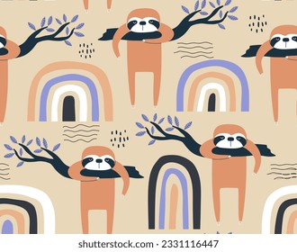 seamless pattern with cute sloth hanging on a branch.