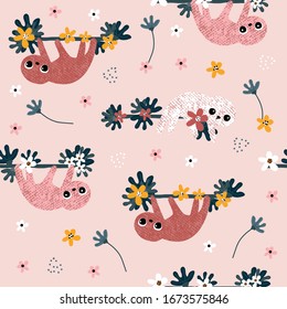 Seamless pattern with cute sloth in the jungle. Tropical childish print. Vector hand drawn illustration.