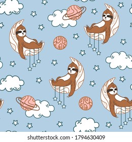 Seamless pattern with cute sloth. Сreative kids texture for fabric, wrapping, textile, wallpaper, apparel. Vector illustration.