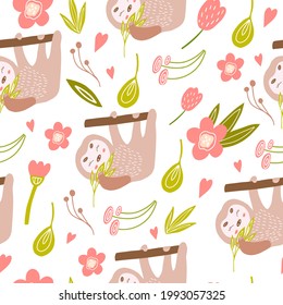 A seamless pattern with a cute sloth on a tree. Vector illustration with a sloth for decorating a children's room, wallpaper, fabrics, dishes, albums. The lazy animal is resting. Flat doodle style.