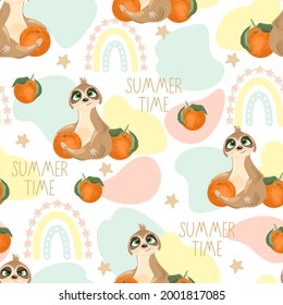 Seamless pattern with a cute sloth on a summer background. Vector illustration.
