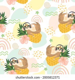 Seamless pattern with a cute sloth on a summer background. Vector illustration.