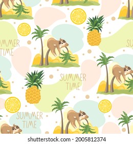 Seamless pattern with a cute sloth on a summer background. Vector illustration.