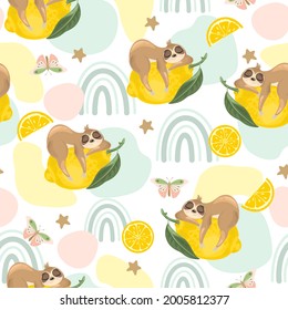 Seamless pattern with a cute sloth on a summer background. Vector illustration.