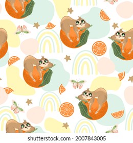 Seamless pattern with a cute sloth on a summer background. Vector illustration.