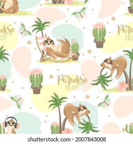 Seamless pattern with a cute sloth on a summer background. Vector illustration.