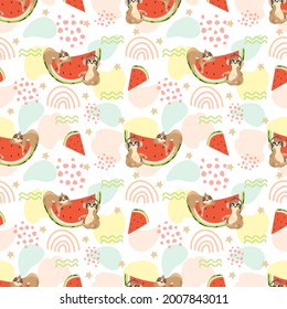 Seamless pattern with a cute sloth on a summer background. Vector illustration.