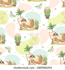 Seamless pattern with a cute sloth on a summer background. Vector illustration.
