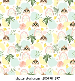 Seamless pattern with a cute sloth on a summer background. Vector illustration.
