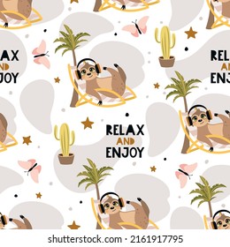 Seamless pattern with a cute sloth on a summer background. Vector illustration.