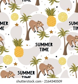 Seamless pattern with a cute sloth on a summer background. Vector illustration.