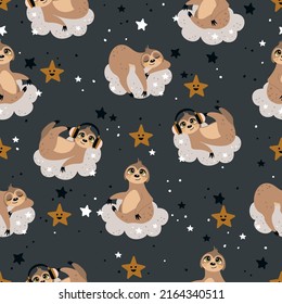 Seamless pattern with a cute sloth on a summer background. Vector illustration.