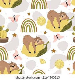 Seamless pattern with a cute sloth on a summer background. Vector illustration.