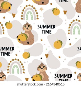 Seamless pattern with a cute sloth on a summer background. Vector illustration.