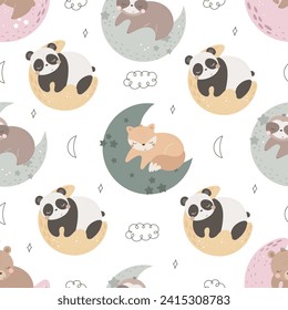 Seamless pattern with cute sloth, panda, fox, decor elements. simple flat vector. Hand drawing for children. animal theme. baby design for fabric, textile, wrapper, print.
