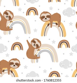 seamless pattern with cute sloth and rainbow - vector illustration, eps